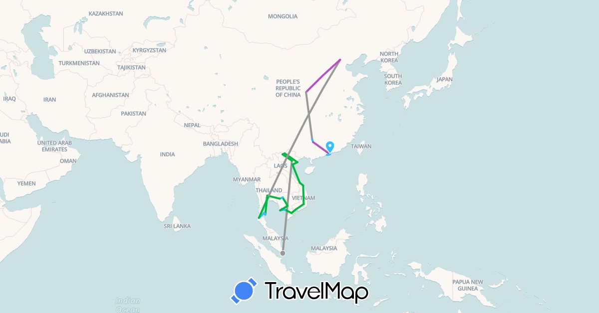 TravelMap itinerary: driving, bus, plane, train, boat in China, Cambodia, Singapore, Thailand, Vietnam (Asia)